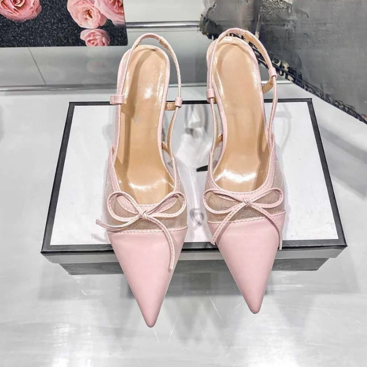Women's New Fashion Joker Mesh Bow Pointed 6CM Stiletto Heels