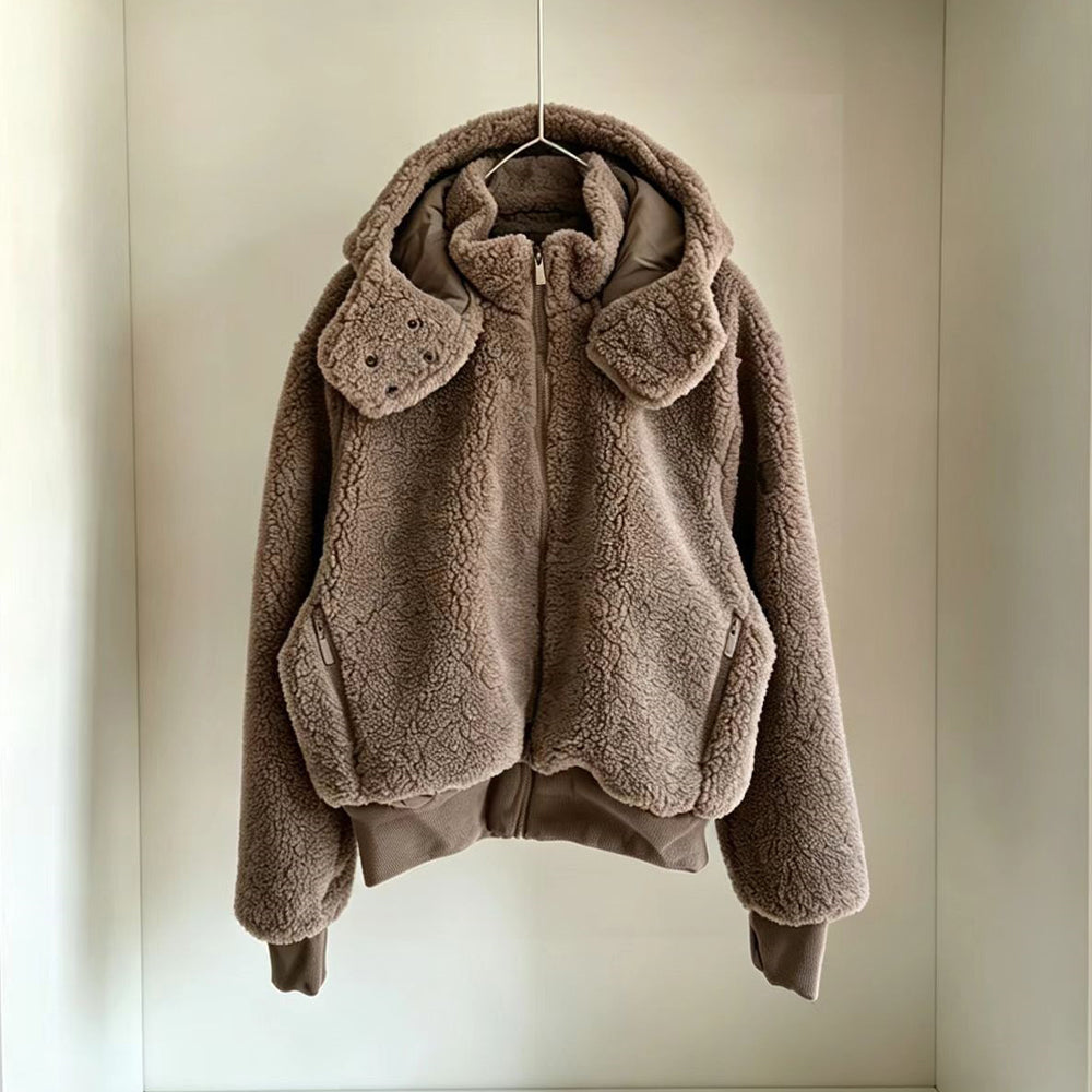Women's new lambswool hooded short zipper coat