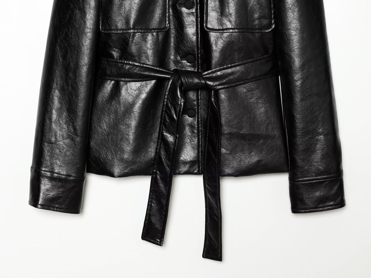 Women's with Belt Black Leather Effect Jacket