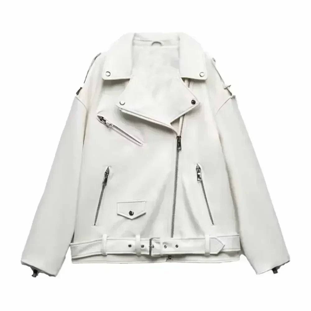 Women 2025 Autumn New Fashion Imitation Leather Loose Jacket Coat Vintage Long Sleeve Zipper Female Outerwear Chic Tops
