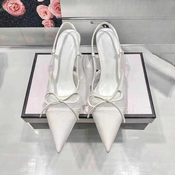 Women's New Fashion Joker Mesh Bow Pointed 6CM Stiletto Heels
