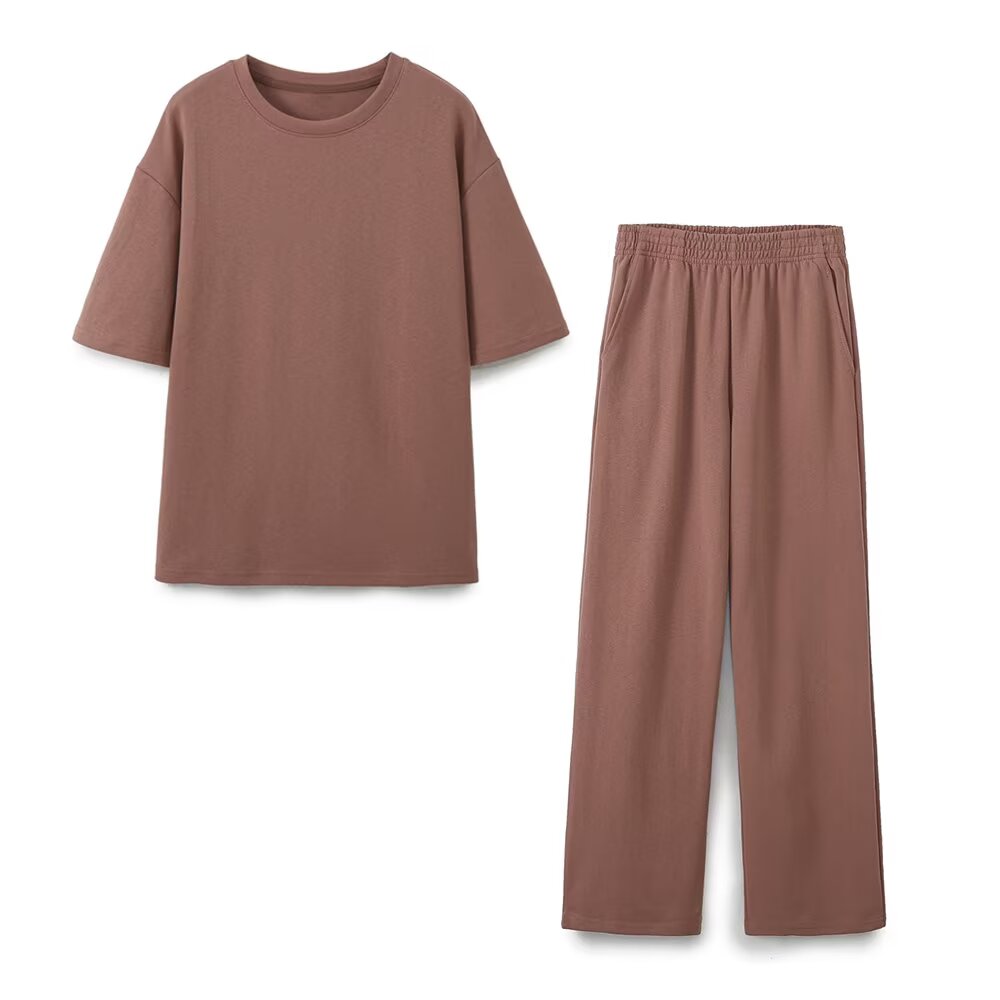 suit Women's 2 pieces washed double-sided fabric T-shirt+pants