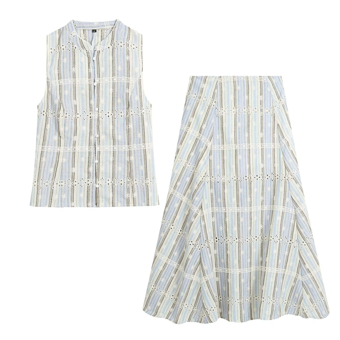 suit Women's 2 pieces sleeveless striped embroidered top+skirt