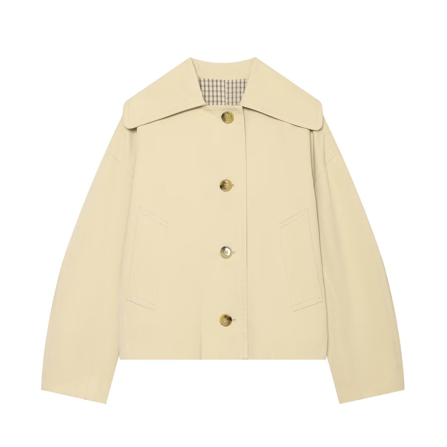 Women's casual lapel patchwork plaid trench coat