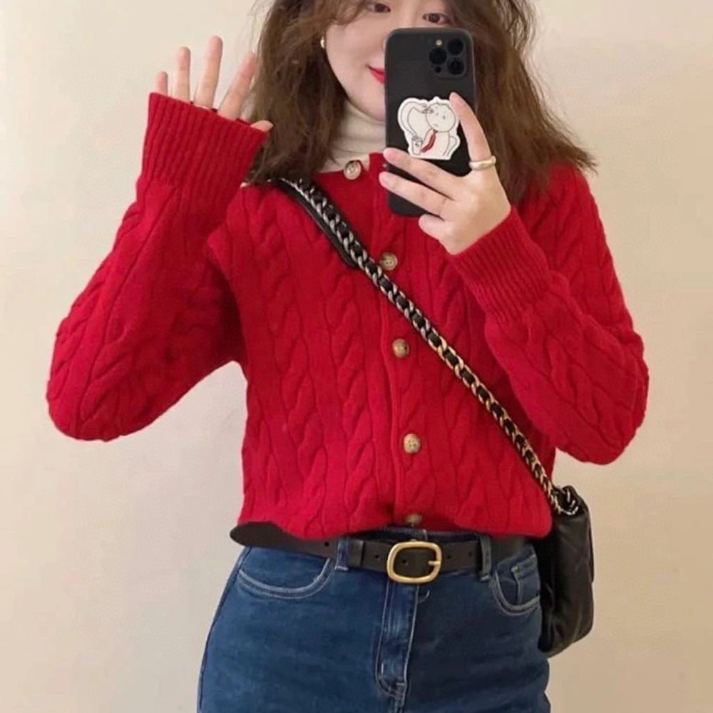 Women's new embroidered wool round neck knitted cardigan sweater