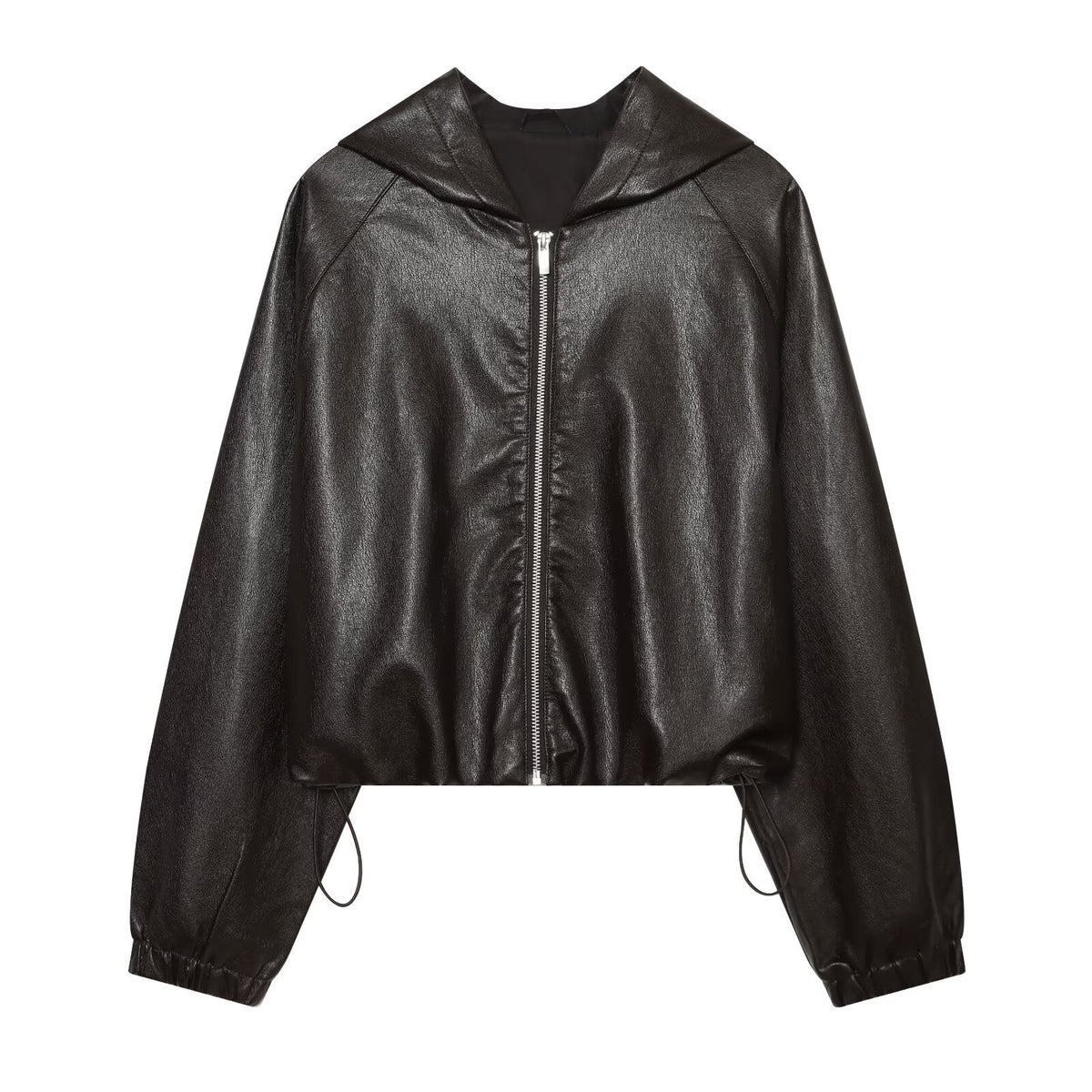 Women's drawstring decorative hooded faux leather Coat