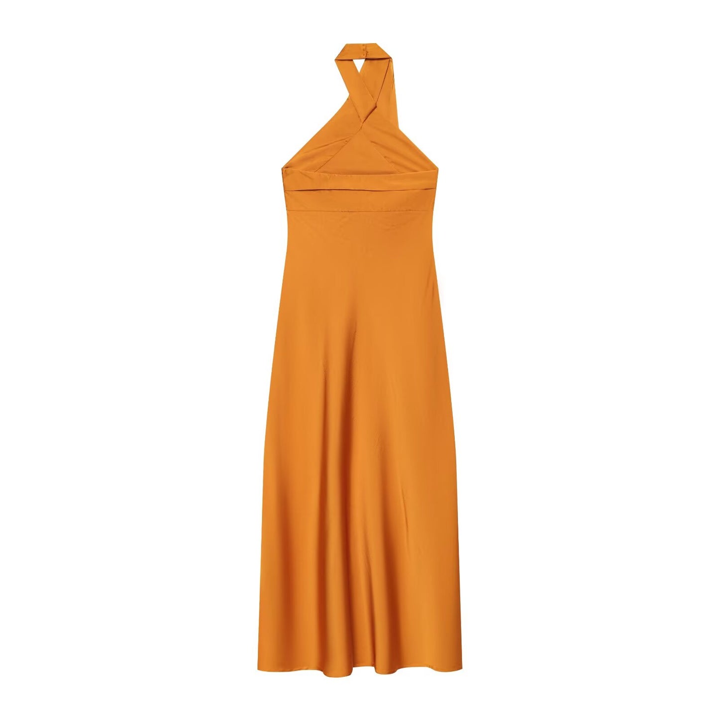 Women's satin texture hanging neck MIDI dress