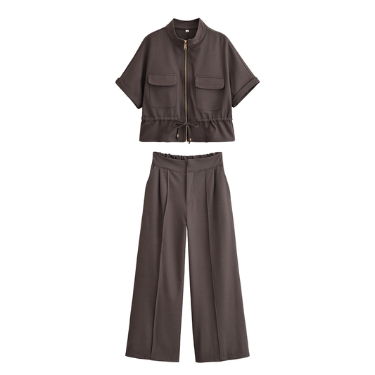 suit Women's 2 pieces short sleeved hunting shirt+Wide leg pants