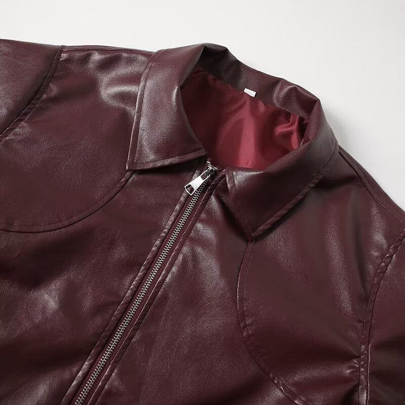Women's new fashion loose Lapel zipper Faux Leather jacket Coat