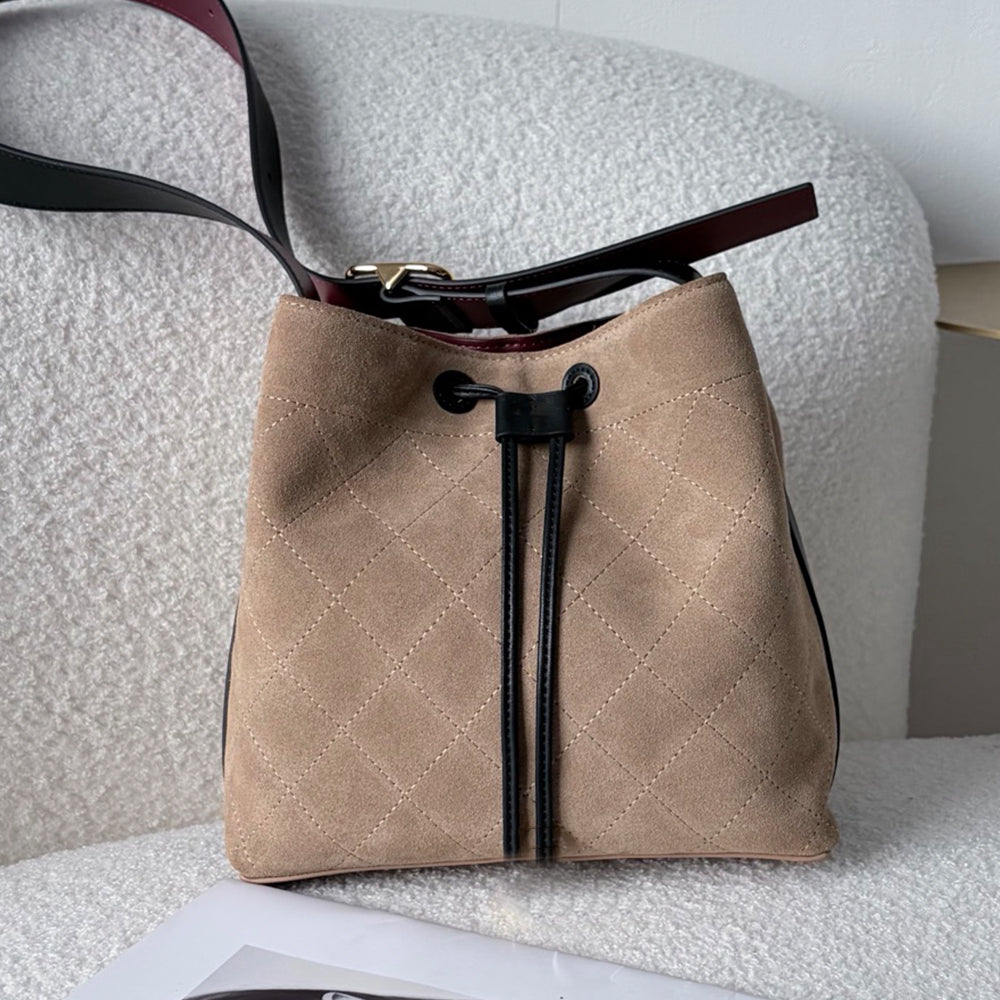 Women's new retro wide shoulder strap drawstring bucket bag