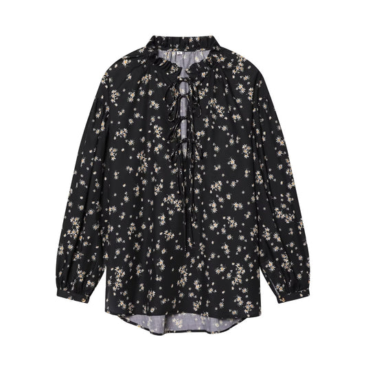 2026 Women's printed V-neck lace up shirt