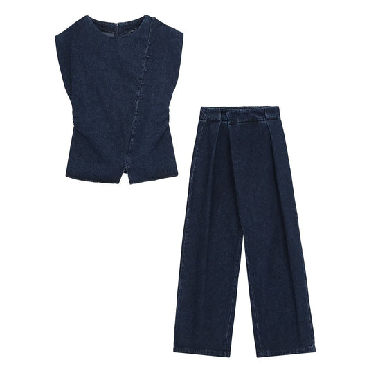 suit Women's 2 pieces bag buckle decorative denim top+high waist wide leg jeans
