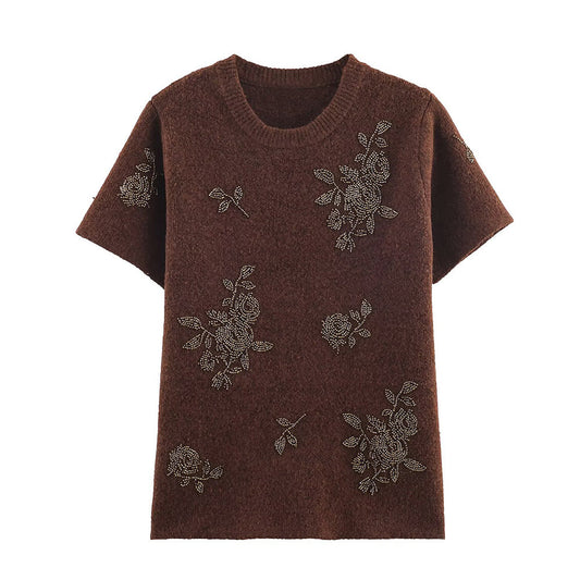 Women's beaded decorative short sleeved knitted sweater