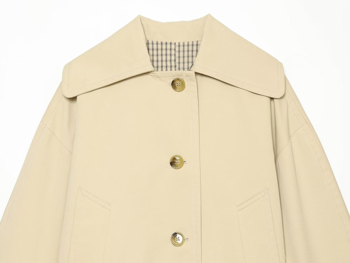 Women's casual lapel patchwork plaid trench coat