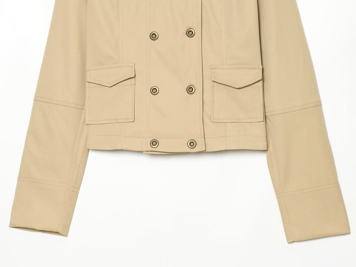 Women's pocket decoration double breasted stand collar Coat