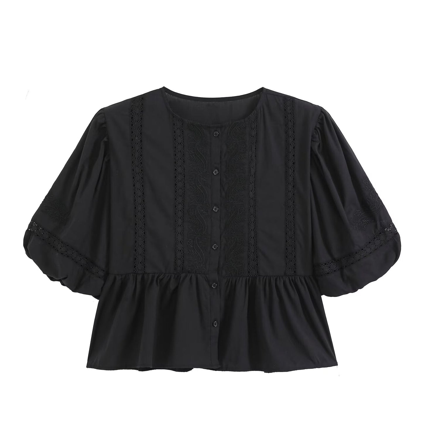 Women's hollowed out embroidered balloon sleeve shirt