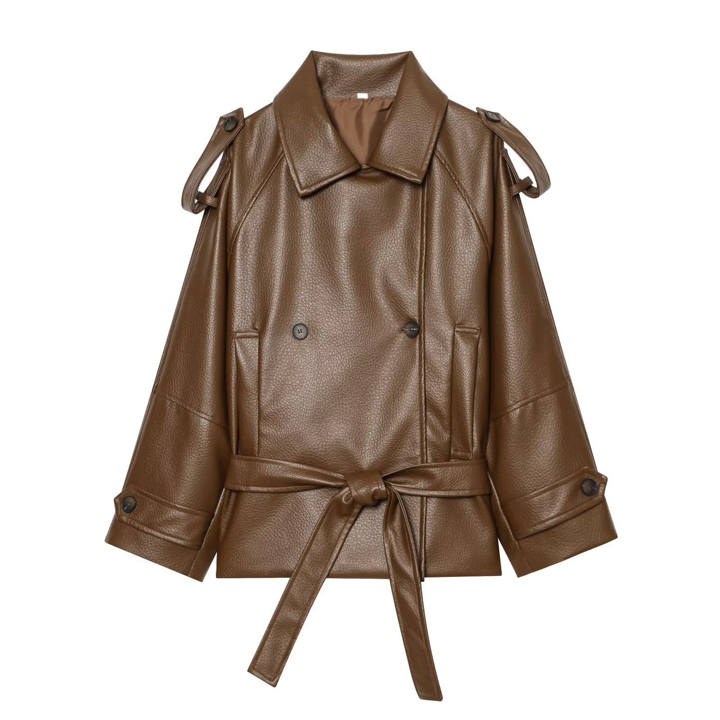 Women's waist belt imitation leather windbreaker jacket