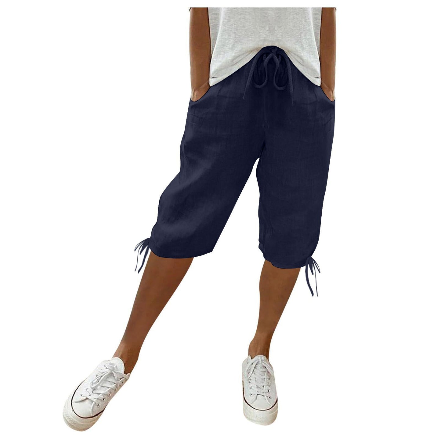 2026 women's new cotton and linen pocket elastic drawstring pants