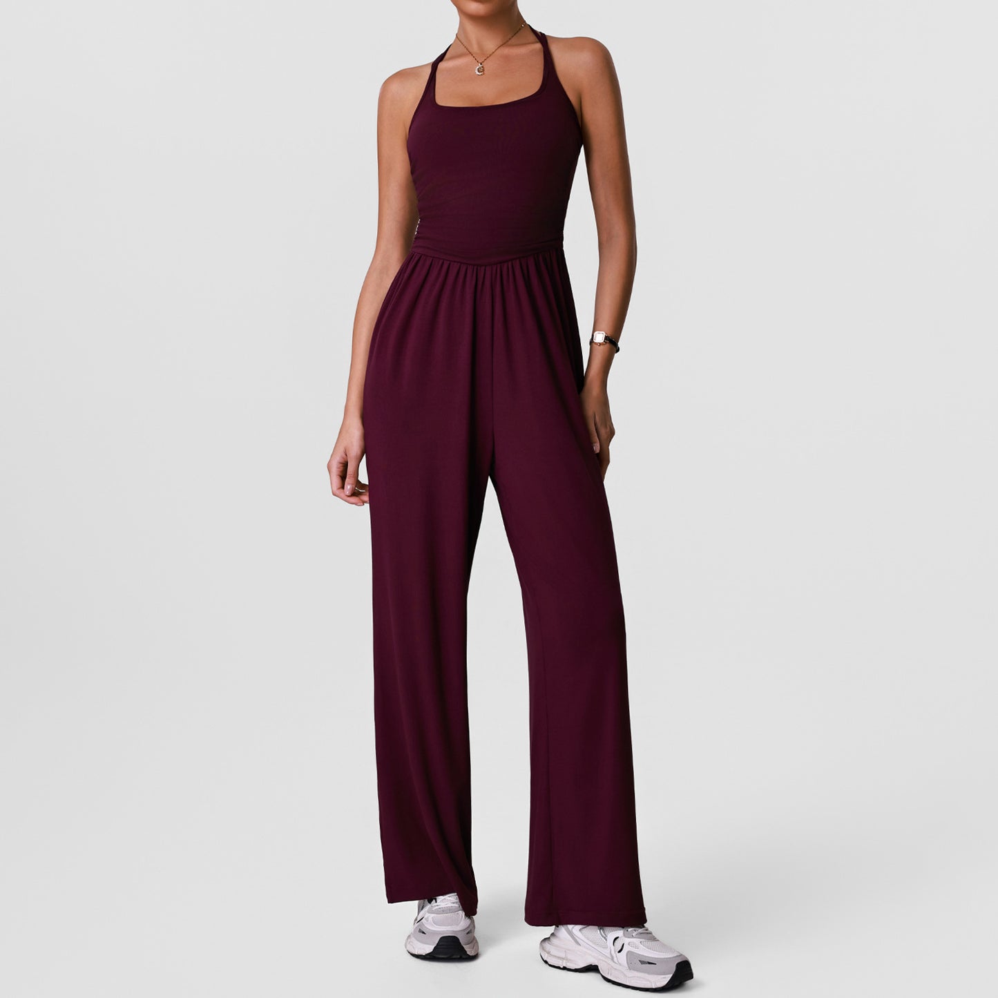 2026 women's new openwork yoga jumpsuit with chest pad and wide leg jumpsuit