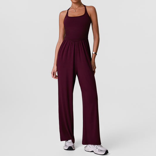2026 women's new openwork yoga jumpsuit with chest pad and wide leg jumpsuit