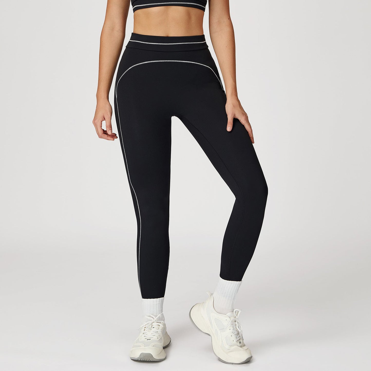2026 women's new contrast sanding yoga pants high waist tight pants
