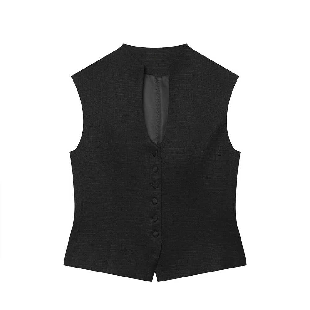suit Women's 2 pieces button decoration slim black vest+culottes
