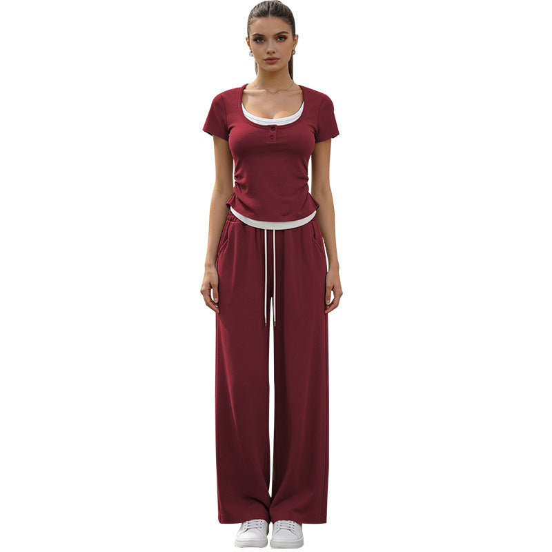 2026 women's new fake two-piece coat wide-leg pants sports two-piece suit