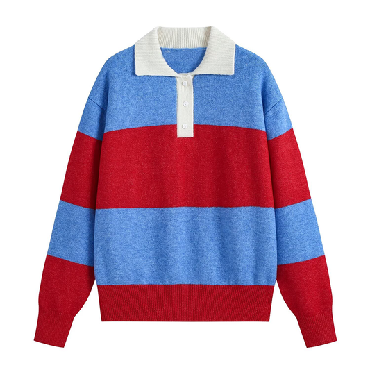 Women's polo shirt collar striped knit sweater