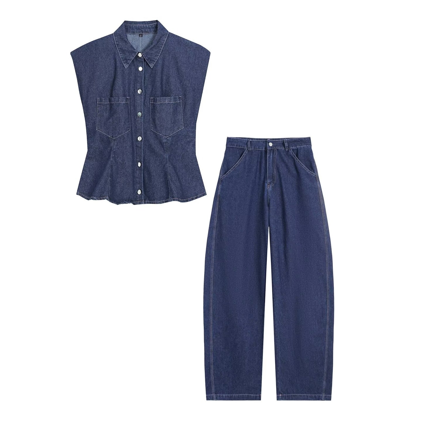 suit Women's 2 pieces pocket decoration sleeveless denim shirt+bucket jeans