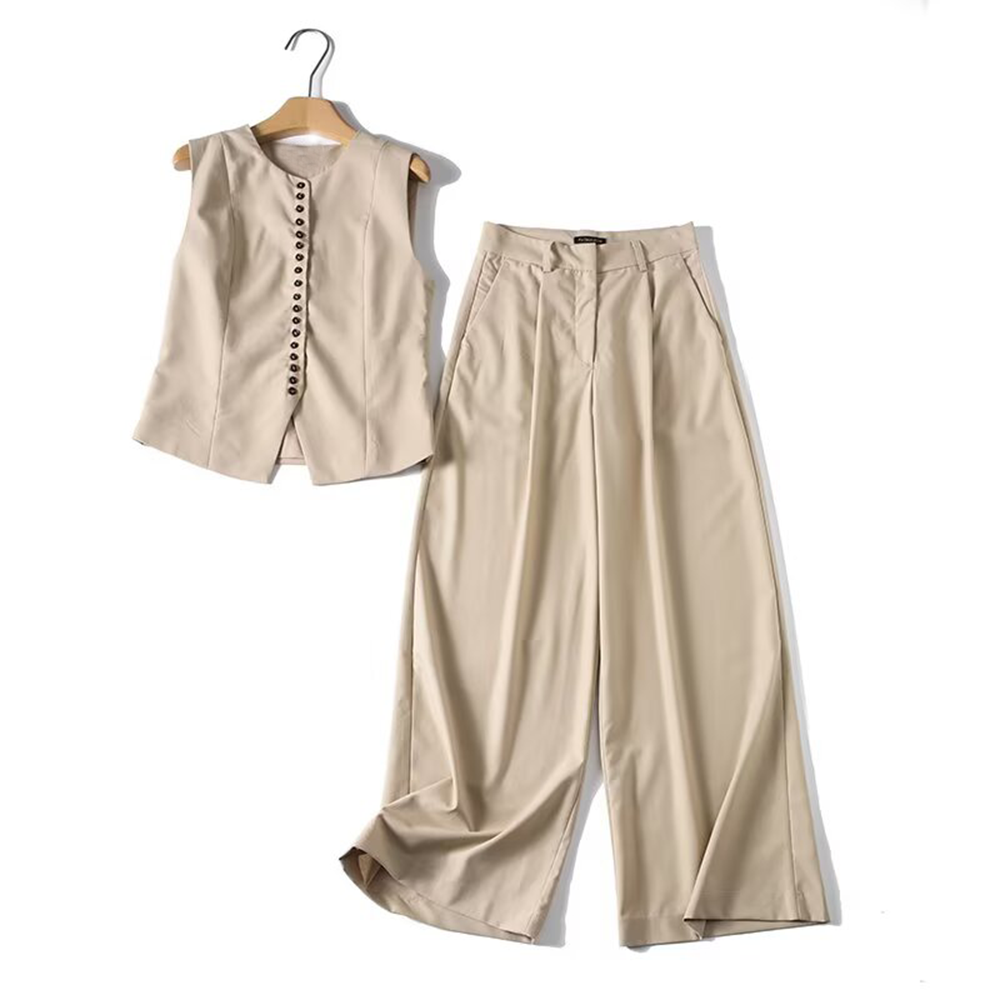 suit Women's 2 pieces Buckle design casual linen blended vest+Pants