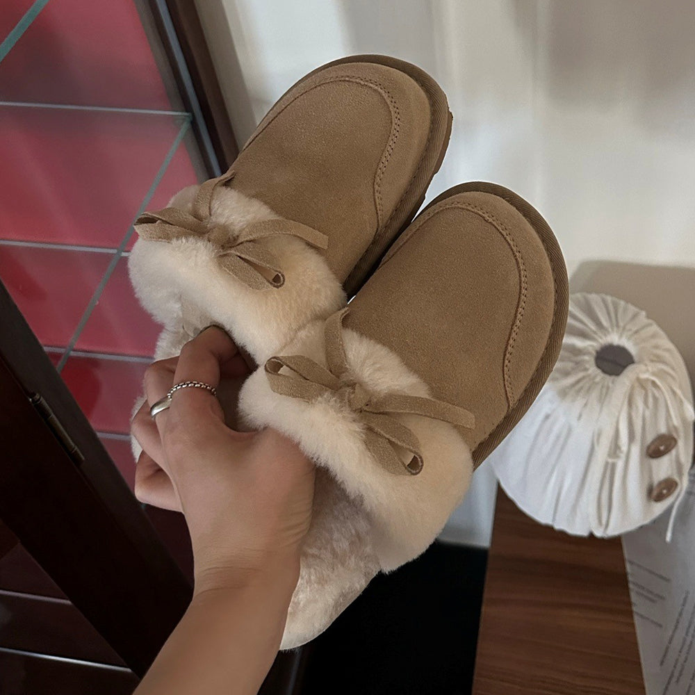 Women's new fur one warm bow decorative slippers