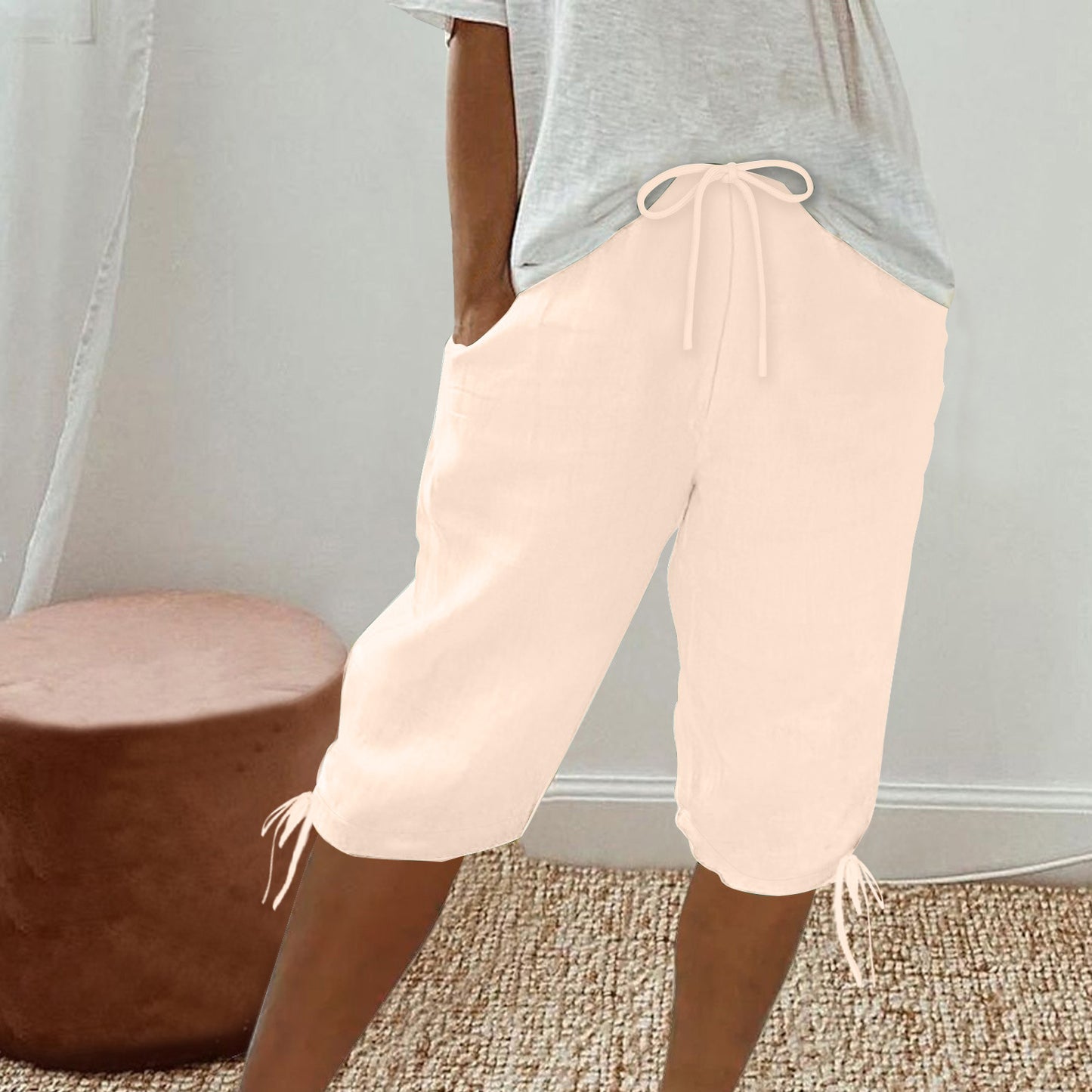 2026 women's new cotton and linen pocket elastic drawstring pants