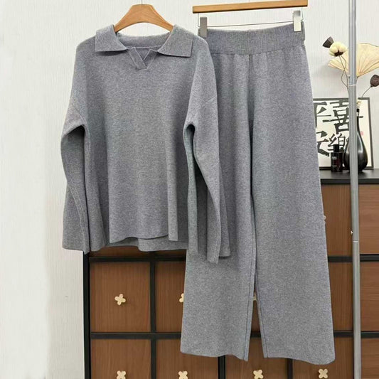 Women's new casual loose lapel sweater trousers knitted suit