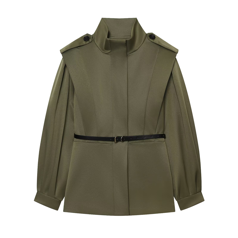 Women's With Belt slim stand collar windbreaker Coat