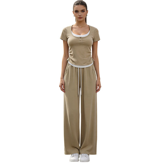 2026 women's new fake two-piece coat wide-leg pants sports two-piece suit