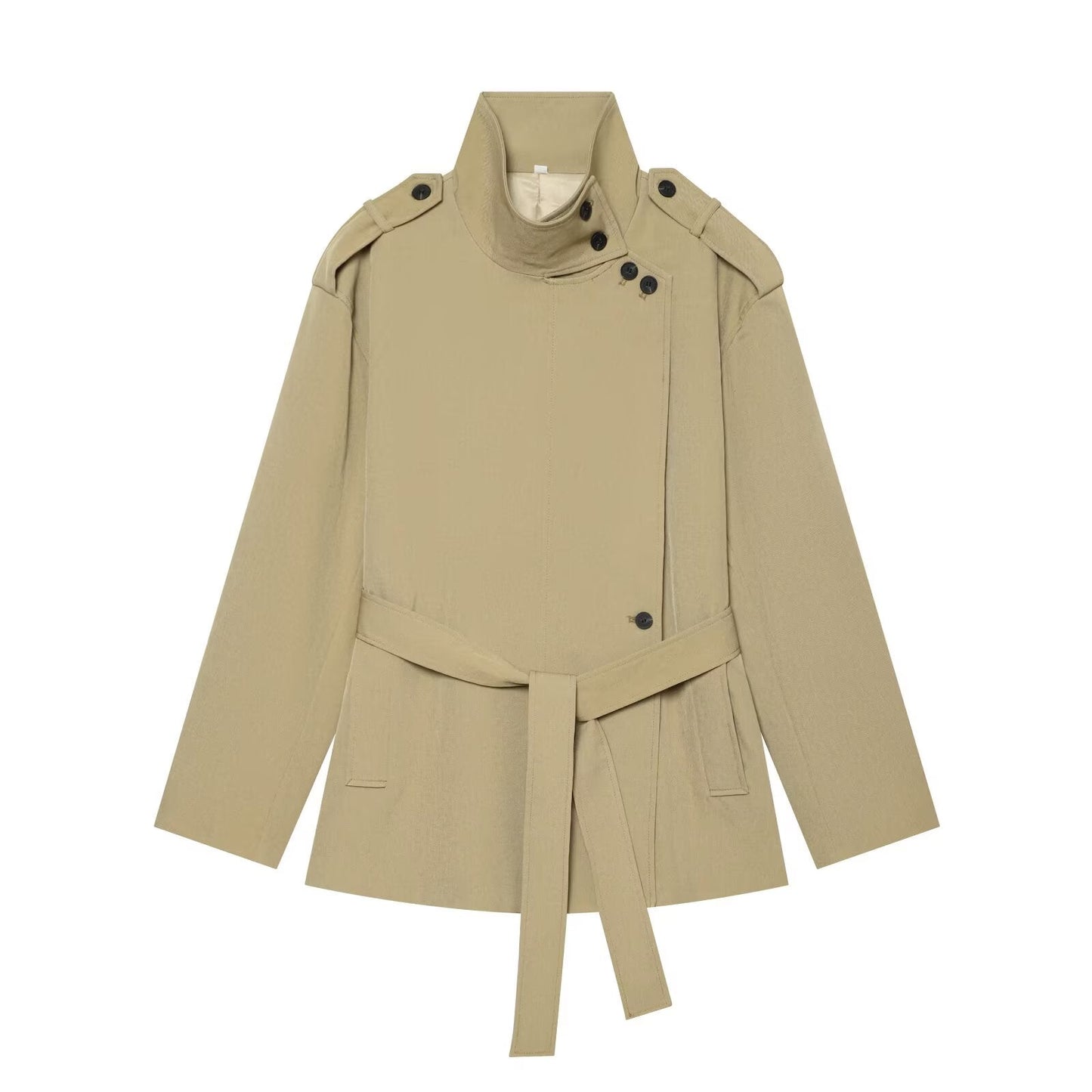 Women's with belt loose stand collar windbreaker Coat