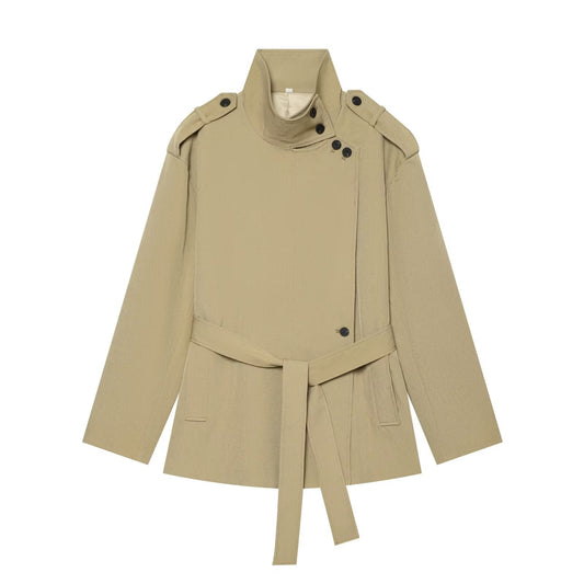 Women's with belt loose stand collar windbreaker Coat