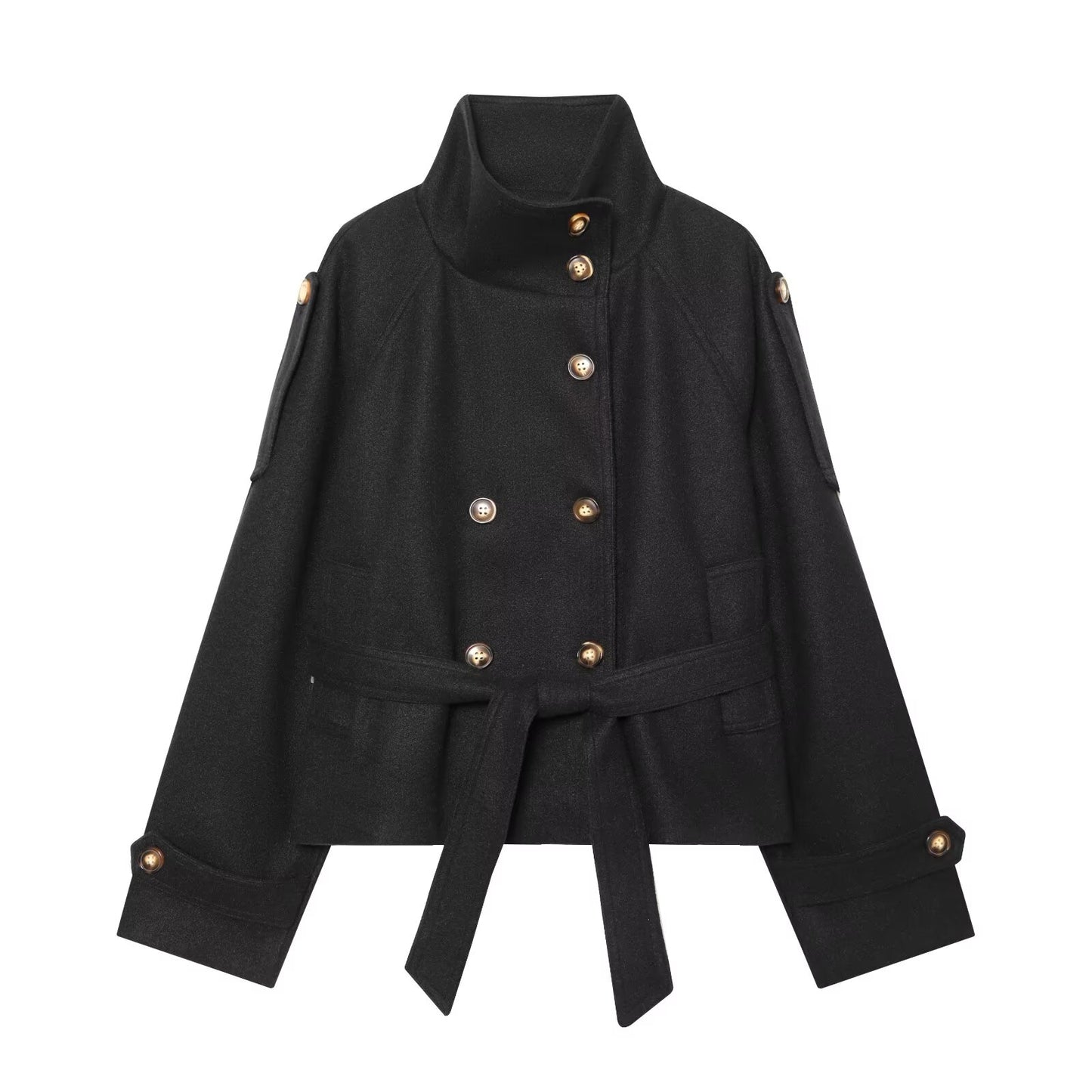 Women's with belt standing collar woolen coat