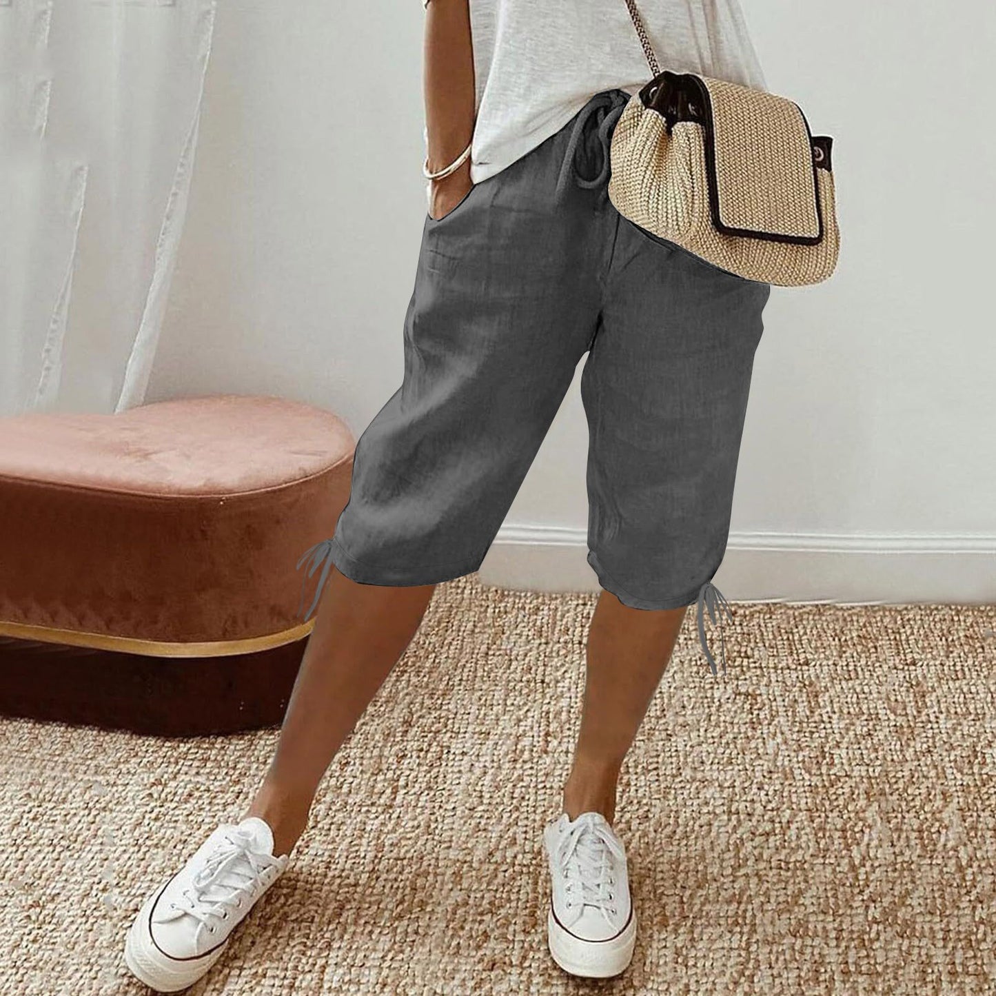 2026 women's new cotton and linen pocket elastic drawstring pants