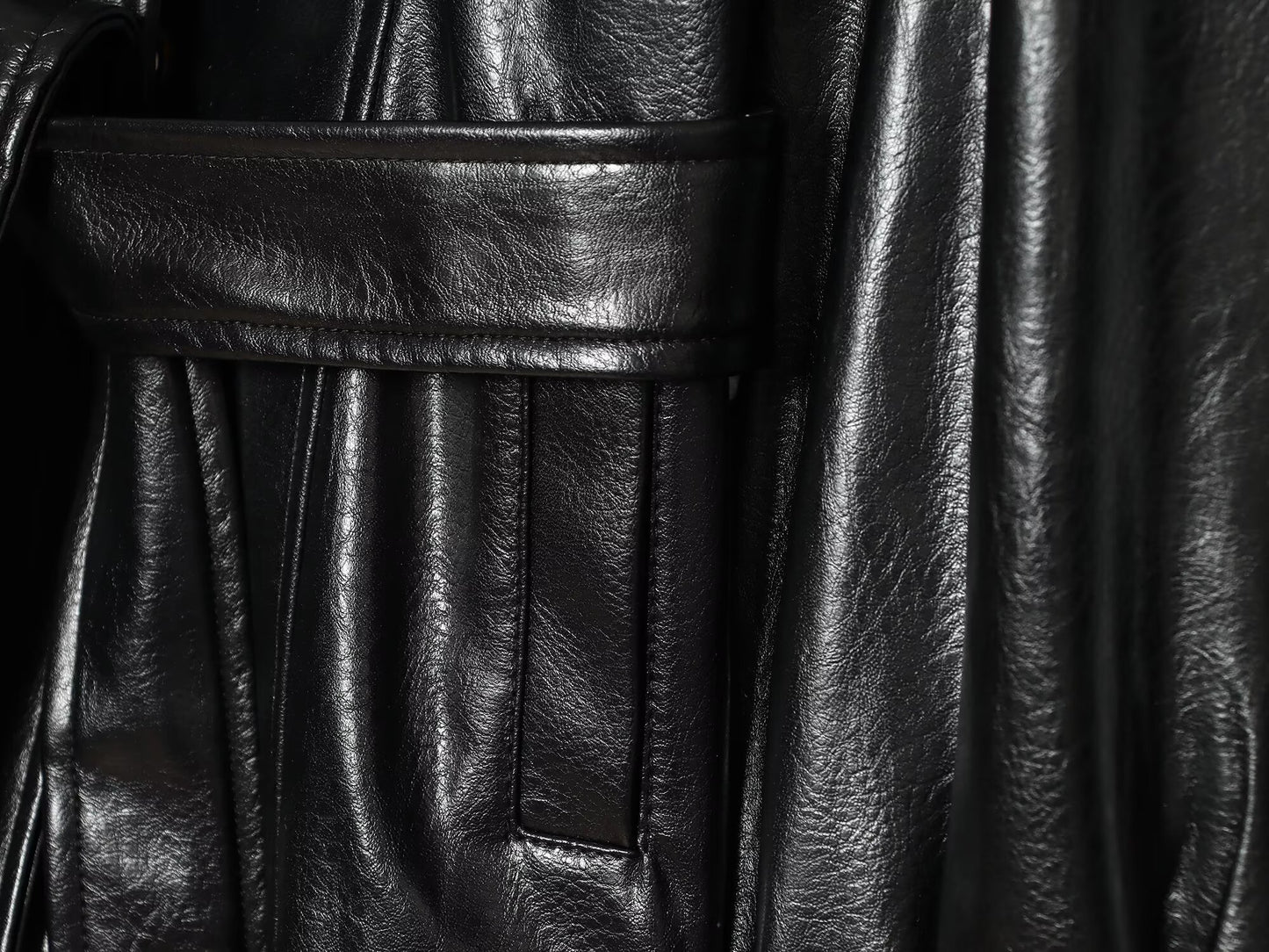 Women's with belt faux leather stand collar Coat