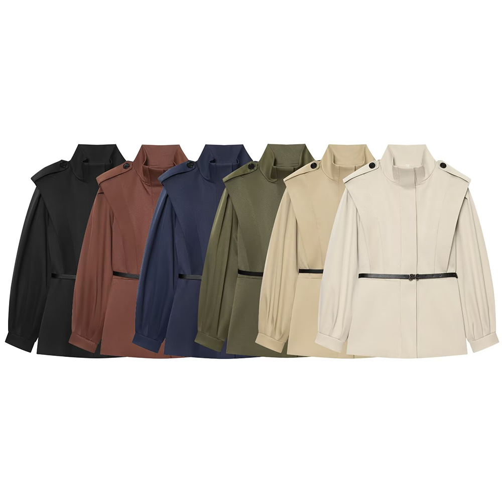 Women's With Belt slim stand collar windbreaker Coat