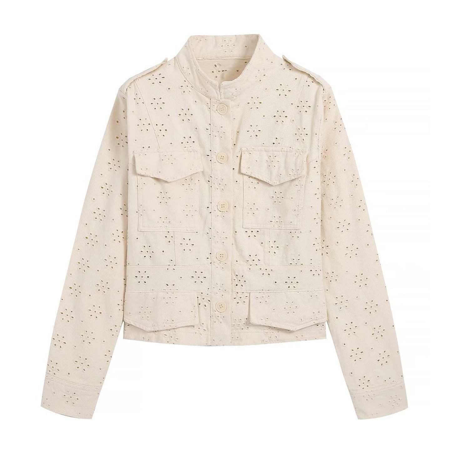 Women's flip pocket decoration hollow jacket Coat