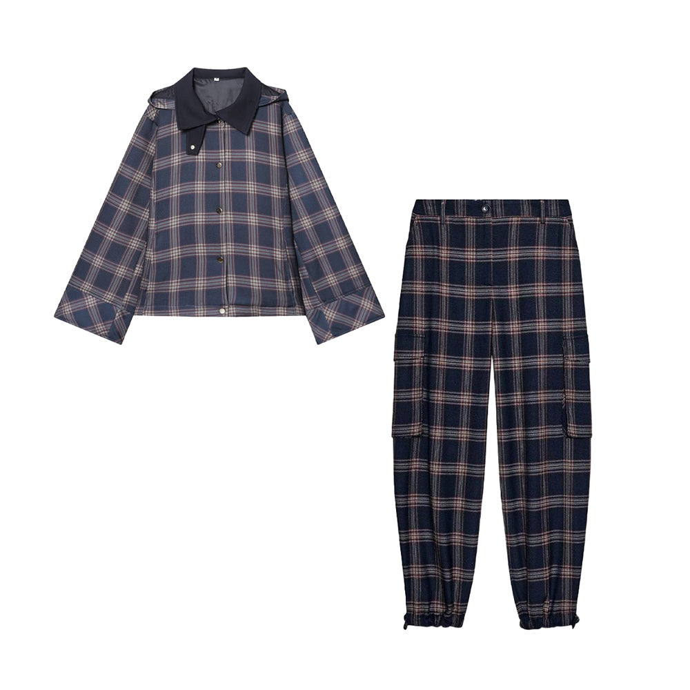 suit Women's 2 pieces hooded checkered cotton jacket Coat+ Pants