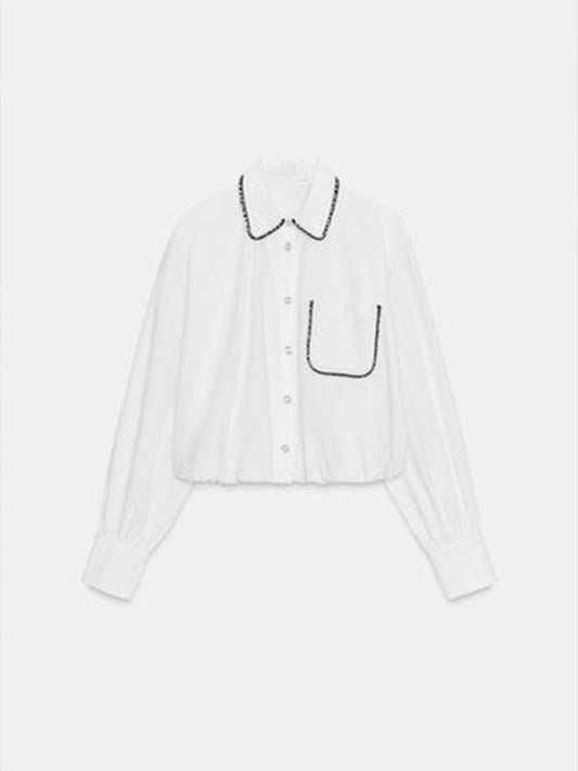 Women's new fashion bead decoration bubble sleeve poplin shirt