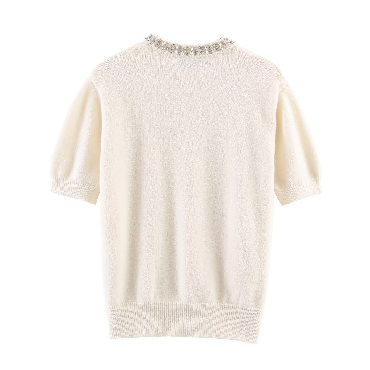Women's beaded collar short sleeved knitted sweater