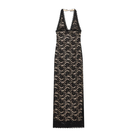 Women's slim hanging neck lace MIDI dress