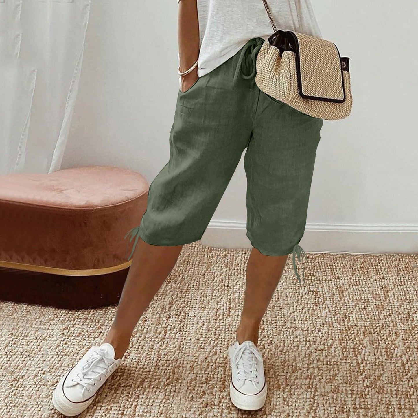 2026 women's new cotton and linen pocket elastic drawstring pants