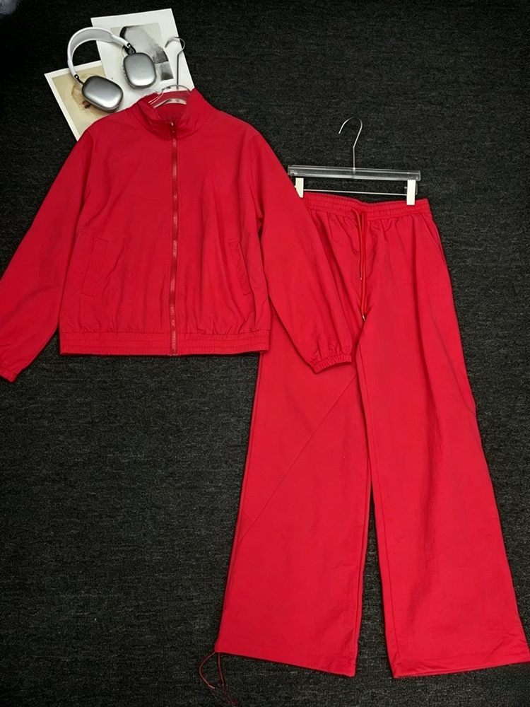 Women's new short stand-up collar zipper coat drawstring wide-leg pants