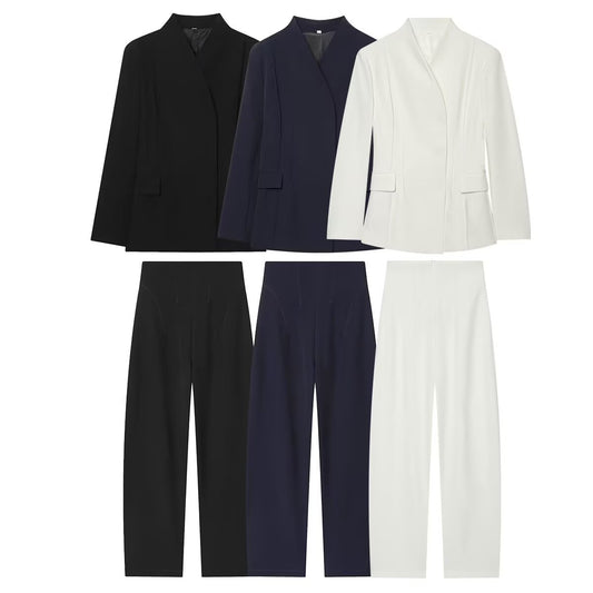suit Women's 2 pieces Women's black slim stand collar Blazer Coat+Pants