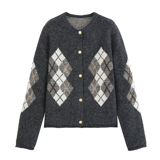 Women's O-Neck diamond patterned knitted Coat